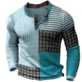 Herren Langarm Henley T-Shirt Lässiges Patchwork Digitaldruck Knopf Top Bequeme Alltagsmode - 3XL / Oberteile / Digitaldruck Mehrfarbiges Patchwork (HJ-1225-014)