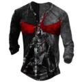 Men's long sleeve Henley t-shirt, 7-button placket, retro knight graphic print, charcoal grey. - S / Tops / Dark Gray Cross Knight Style (CX7KouSoilder-03)