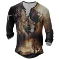 Men long sleeve Henley t-shirt with 3D lion Jesus graphic print variant in classic black style. - S / Tops / Jesus Print Style (J01-DY00493)