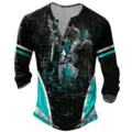 Men's long sleeve t-shirt with digital print knight armor cross design v-neck gothic top wear - S / Tops / Black and Cyan Patchwork Stripe Style (CX7kou-0920-003)