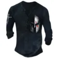 Men's vintage long sleeve Henley t-shirt with tactical Spartan helmet graphic print. - S / Tops / Distressed Dark Gray (OFSZ-01888)