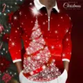 Men's Christmas Long Sleeve Polo Shirt Casual Zipper Holiday Festive Print Top Apparel - 3XL / Tops / Red Christmas Print (CXLLPL-05)