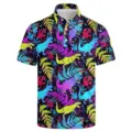 Men's casual short sleeve polo shirt with neon dinosaur print lapel top fashion wear. - 3XL / Tops / Neon Dinosaur