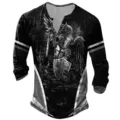 Men's long sleeve Henley t-shirt featuring a dark medieval knight digital print in black. - S / Tops / Knight Wings Style (CX7kou-0920-004)