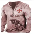 Vintage men's long sleeve henley t-shirt with medieval knight graphic print, casual streetwear. - S / Tops / Distressed Red-Brown Templar Style (D01-ZX00960)