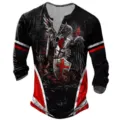 Men's long sleeve henley t-shirt with retro knight digital print and athletic stripe details. - 3XL / Tops / Striped Knight Shield Style (7KCT1149)