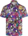 Men's casual short sleeve polo shirt featuring allover colorful floral and skull 3D print. - 3XL / Tops / Floral Skull