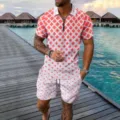 Men's summer short sleeve polo shirt and matching shorts casual two piece geometric print outfit. - 3XL / Top And Bottom / Red White Rhombus Geometric Print Style (HJ-0217-a14)