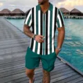 Summer men's short sleeve polo shirt and shorts two piece set casual resort wear outfit. - 3XL / Top And Bottom / Black White Green Contrast Stripe Style (HJ-0217-a5)
