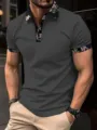 Men's floral contrast collar short sleeve polo shirt casual button down slim top. - 3XL / Tops / Dark Gray
