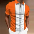 Heren oranje witte kleurenblok rits polo shirt korte mouw detail casual zomer stijl - 3XL / Tops / Oranje Wit Verticale Streep Patchwork (HJ-PLD01)