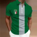 Heren groen poloshirt met centrale grijze streep, ritskraag en Italië schild logo. - 3XL / Tops / Groen Grijs Kleurblok Italië Schild (HJ-PLD02)