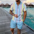 Detailed view of striped short sleeve polo shirt and shorts set in tropical setting. - 3XL / Top And Bottom / Pink White Yellow Vertical Stripe Style (HJ-0217-a4)