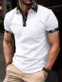 Men's floral print collar short sleeve polo shirt, slim fit casual button down top. - White
