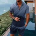 Men's gradient blue short sleeve polo shirt and shorts set for summer casual wear. - 3XL / Top And Bottom / Cyan