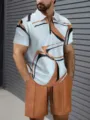Stylish men's abstract print short sleeve zip polo shirt and shorts casual set. - 3XL / Top And Bottom / Light Blue Brown Abstract Line Style (HJ-0217-a16)
