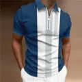 Heren contrast kleurblok revers rits korte mouw polo shirt product detail weergave. - 3XL / Tops / Blauw Wit Contrast Verticale Strepen (HJ-PLD07)