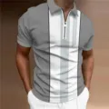 Modieuze Heren Korte Mouw Halve Rits Polo Shirt Grijs Wit Kleurblok Zomer Topje - 3XL / Tops / Grijs Wit Verticale Contrast Patchwork (HJ-PLD08)