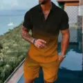 Men Summer Gradient Polo Shirt and Shorts Two Piece Casual Sporty Outfit Beach Set - 3XL / Top And Bottom / Yellow