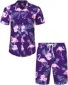 Men Hawaiian Flamingo Print Shirt and Shorts Set Purple Summer Beach Casual Outfit - 3XL / Top And Bottom / HJFS-CS04221