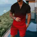 Men's gradient short sleeve polo shirt and shorts set summer casual sportswear - 3XL / Top And Bottom / Red