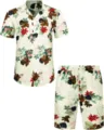 Men's casual floral print short sleeve button-up shirt and shorts summer resort beach outfit set - 3XL / Top And Bottom / HJFS-CS04224