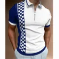 Moderna camisa polo casual con cremallera para hombre con diseño color block y manga corta. - 3XL / Tops / Patchwork de Ajedrez Azul y Blanco (HJ-PLD13)