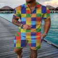 Mens summer short sleeve polo shirt and shorts two piece set colorful grid casual outfit - Checked