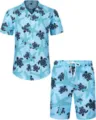 Men Summer Hawaiian Sea Turtle Starfish Print Short Sleeve Shirt and Shorts Set Blue - 3XL / Top And Bottom / HJFS-CS04226