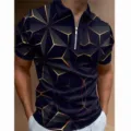 Polo de hombre de manga corta con estampado geométrico y cuello con cremallera variante. - 3XL / Tops / Estampado Geométrico Oro Oscuro (HJ-PLD15)