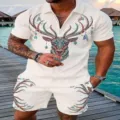 Men's summer short sleeve polo shirt and shorts two piece set with colorful deer print casual. - Elk