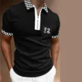 Polo de manga corta para hombre con cuello a cuadros cremallera top casual de verano - 3XL / Tops / Patchwork de Rejilla Blanco y Negro (HJ-PLD16)