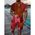 Men's summer short sleeve polo shirt and shorts matching set with vibrant geometric print. - Geometric Orange