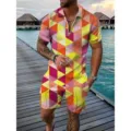 Men's Summer Short Sleeve Polo Shirt and Shorts Two Piece Set Geometric Printed Outfit - Geometric Pink