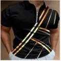 Heren Korte Mouw Halve Rits Polo Shirt Casual Slim Fit Zwart met Gouden Strepen Top Shirt - 3XL / Tops / Zwart Goud Schuine Streep Print (HJ-PLD12)