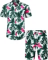 Ensemble chemise et short hawaïen pour homme imprimé palmiers et flamants roses d'été. - 3XL / Haut Et Bas / HJFS-CS04234
