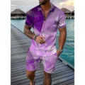 Men's Summer Purple Geometric Print Short Sleeve Polo Shirt and Shorts Two-Piece Set - Geometric Purple