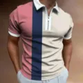 Heren kleurenblok rits polo shirt korte mouw casual zomer top stijlvolle kleding - 3XL / Tops / Roze Blauw Beige Kleurblok Verticale Strepen (HJ-PLD09)
