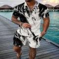 Men short sleeve shorts two piece set casual sports summer suit black white marble print - Ink Wash