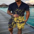 Men summer two piece set short sleeve polo shirt and shorts abstract splatter print casual outfit - Graffiti