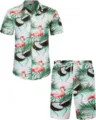 Ensemble Chemise Manches Courtes et Short de Plage Imprimé Tropical Flamant Rose Homme - 3XL / Haut Et Bas / HJFS-CS04231