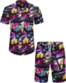 Ensemble chemise à manches courtes et short imprimé tropical abstrait coloré pour homme - 3XL / Haut Et Bas / HJFS-CS04252