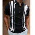 Heren korte mouw gestreepte poloshirt met rits V-hals casual zomertop zwart en wit - 3XL / Tops / Zwart Wit Verticale Strepen (HJ-PLD11)