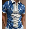 Heren Blauw Geometrische Print Rits Polo Shirt Korte Mouw Casual Zomer Top Variant Model - 3XL / Tops / Blauw Wit Geometrische Print Kleurblok (HJ-PLD19)