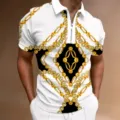 Heren Korte Mouw Goud Ketting Print Polo Shirt Rits Casual Zomer Top Stijlvol - 3XL / Tops / Wit Goud Barok Print (HJ-PLD20)