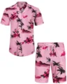 Ensemble chemise hawaïenne et short pour homme avec motif de palmiers tropicaux roses. - 3XL / Haut Et Bas / HJFS-CS04239