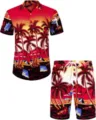 Ensemble chemise et short hawaïens pour hommes avec imprimé coucher de soleil palmiers. - 3XL / Haut Et Bas / HJFS-CS04235