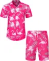 Ensemble deux pièces chemise manches courtes et short de plage flamant rose hawaïen. - 3XL / Haut Et Bas / HJFS-CS04227