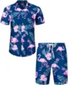 Ensemble chemise et short hawaïens pour homme avec imprimé flamant rose tropical. - 3XL / Haut Et Bas / HJFS-CS04229