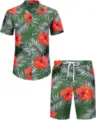 Ensemble chemise et short hawaïen à imprimé tropical pour homme en vert élégant. - 3XL / Haut Et Bas / HJFS-CS04254